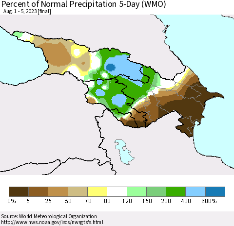Azerbaijan, Armenia and Georgia Percent of Normal Precipitation 5-Day (WMO) Thematic Map For 8/1/2023 - 8/5/2023