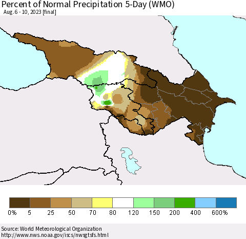 Azerbaijan, Armenia and Georgia Percent of Normal Precipitation 5-Day (WMO) Thematic Map For 8/6/2023 - 8/10/2023