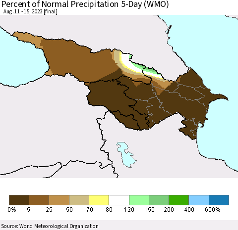 Azerbaijan, Armenia and Georgia Percent of Normal Precipitation 5-Day (WMO) Thematic Map For 8/11/2023 - 8/15/2023