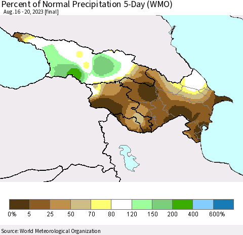 Azerbaijan, Armenia and Georgia Percent of Normal Precipitation 5-Day (WMO) Thematic Map For 8/16/2023 - 8/20/2023