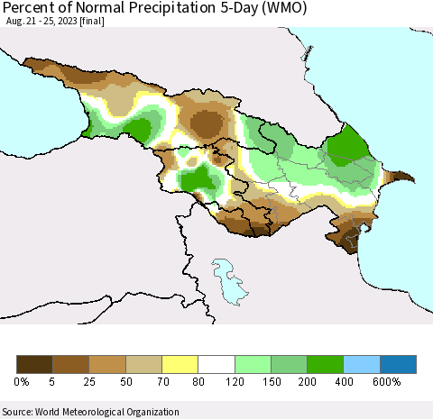 Azerbaijan, Armenia and Georgia Percent of Normal Precipitation 5-Day (WMO) Thematic Map For 8/21/2023 - 8/25/2023