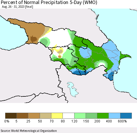 Azerbaijan, Armenia and Georgia Percent of Normal Precipitation 5-Day (WMO) Thematic Map For 8/26/2023 - 8/31/2023