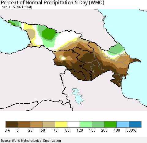 Azerbaijan, Armenia and Georgia Percent of Normal Precipitation 5-Day (WMO) Thematic Map For 9/1/2023 - 9/5/2023