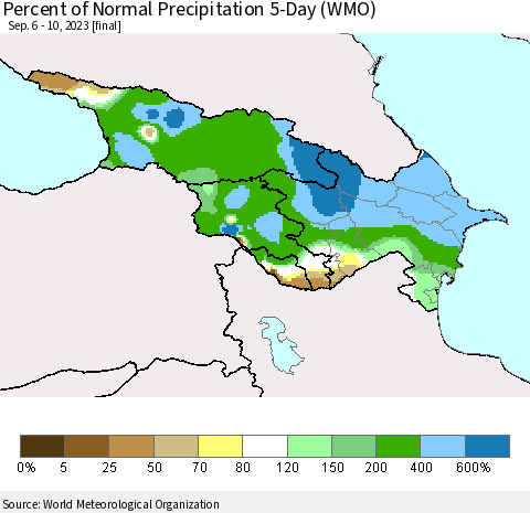 Azerbaijan, Armenia and Georgia Percent of Normal Precipitation 5-Day (WMO) Thematic Map For 9/6/2023 - 9/10/2023