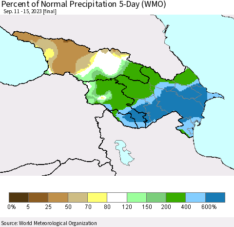 Azerbaijan, Armenia and Georgia Percent of Normal Precipitation 5-Day (WMO) Thematic Map For 9/11/2023 - 9/15/2023