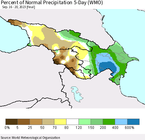 Azerbaijan, Armenia and Georgia Percent of Normal Precipitation 5-Day (WMO) Thematic Map For 9/16/2023 - 9/20/2023