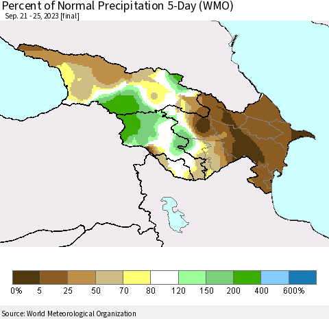 Azerbaijan, Armenia and Georgia Percent of Normal Precipitation 5-Day (WMO) Thematic Map For 9/21/2023 - 9/25/2023