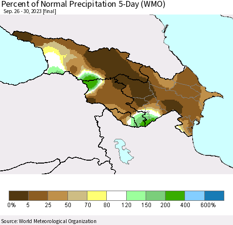 Azerbaijan, Armenia and Georgia Percent of Normal Precipitation 5-Day (WMO) Thematic Map For 9/26/2023 - 9/30/2023