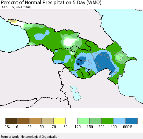 Azerbaijan, Armenia and Georgia Percent of Normal Precipitation 5-Day (WMO) Thematic Map For 10/1/2023 - 10/5/2023