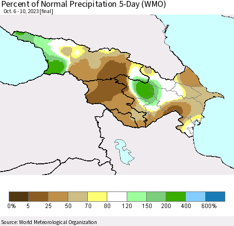 Azerbaijan, Armenia and Georgia Percent of Normal Precipitation 5-Day (WMO) Thematic Map For 10/6/2023 - 10/10/2023