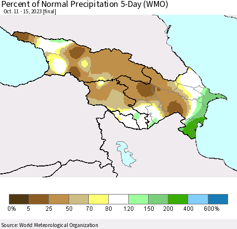 Azerbaijan, Armenia and Georgia Percent of Normal Precipitation 5-Day (WMO) Thematic Map For 10/11/2023 - 10/15/2023