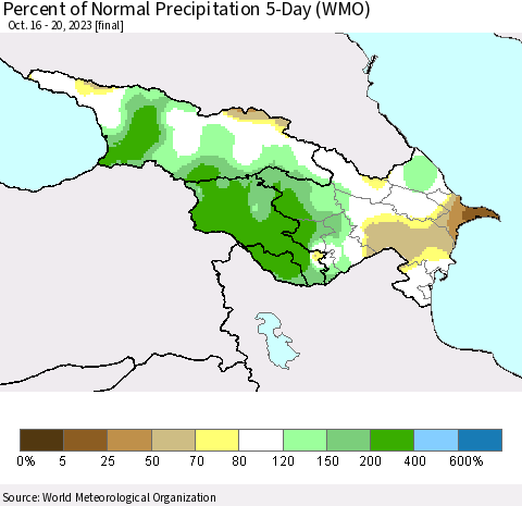 Azerbaijan, Armenia and Georgia Percent of Normal Precipitation 5-Day (WMO) Thematic Map For 10/16/2023 - 10/20/2023