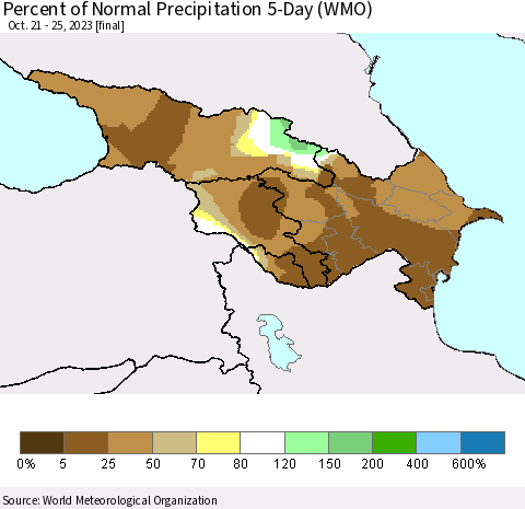 Azerbaijan, Armenia and Georgia Percent of Normal Precipitation 5-Day (WMO) Thematic Map For 10/21/2023 - 10/25/2023