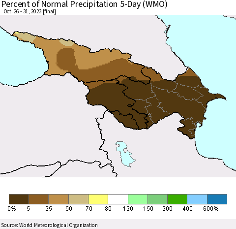 Azerbaijan, Armenia and Georgia Percent of Normal Precipitation 5-Day (WMO) Thematic Map For 10/26/2023 - 10/31/2023
