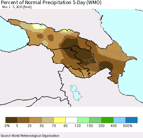 Azerbaijan, Armenia and Georgia Percent of Normal Precipitation 5-Day (WMO) Thematic Map For 11/1/2023 - 11/5/2023