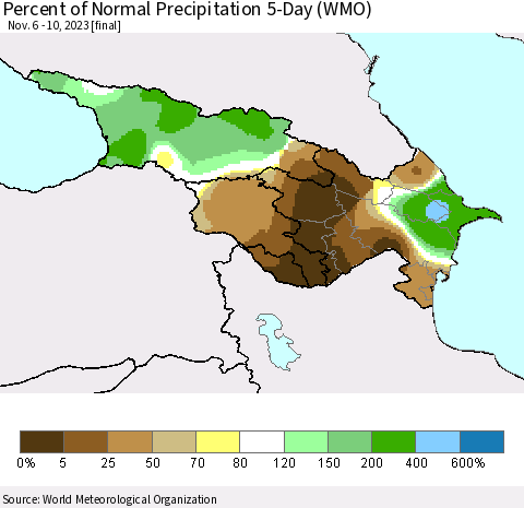 Azerbaijan, Armenia and Georgia Percent of Normal Precipitation 5-Day (WMO) Thematic Map For 11/6/2023 - 11/10/2023