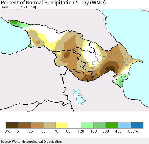 Azerbaijan, Armenia and Georgia Percent of Normal Precipitation 5-Day (WMO) Thematic Map For 11/11/2023 - 11/15/2023