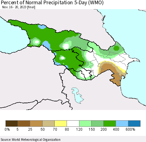 Azerbaijan, Armenia and Georgia Percent of Normal Precipitation 5-Day (WMO) Thematic Map For 11/16/2023 - 11/20/2023