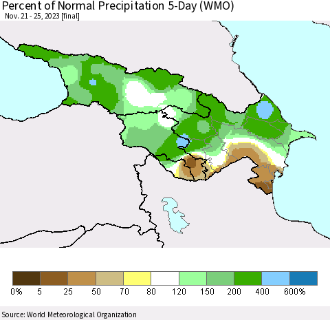 Azerbaijan, Armenia and Georgia Percent of Normal Precipitation 5-Day (WMO) Thematic Map For 11/21/2023 - 11/25/2023