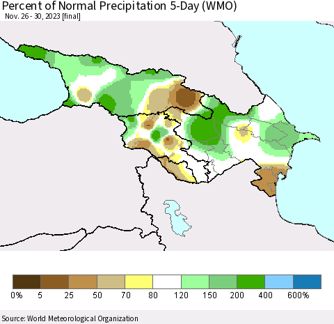 Azerbaijan, Armenia and Georgia Percent of Normal Precipitation 5-Day (WMO) Thematic Map For 11/26/2023 - 11/30/2023