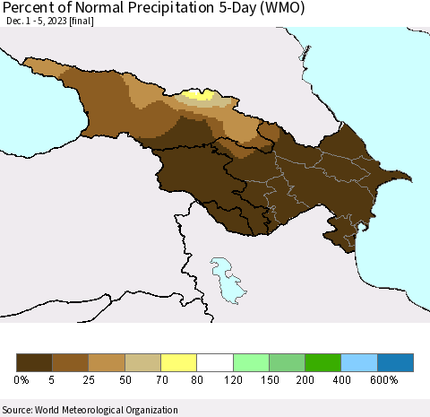 Azerbaijan, Armenia and Georgia Percent of Normal Precipitation 5-Day (WMO) Thematic Map For 12/1/2023 - 12/5/2023