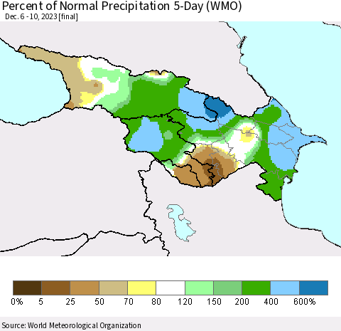 Azerbaijan, Armenia and Georgia Percent of Normal Precipitation 5-Day (WMO) Thematic Map For 12/6/2023 - 12/10/2023