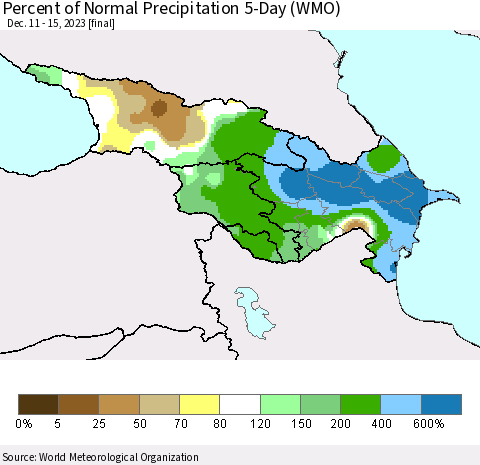 Azerbaijan, Armenia and Georgia Percent of Normal Precipitation 5-Day (WMO) Thematic Map For 12/11/2023 - 12/15/2023