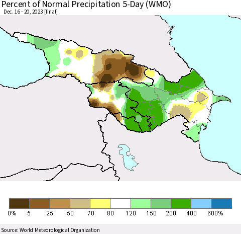 Azerbaijan, Armenia and Georgia Percent of Normal Precipitation 5-Day (WMO) Thematic Map For 12/16/2023 - 12/20/2023