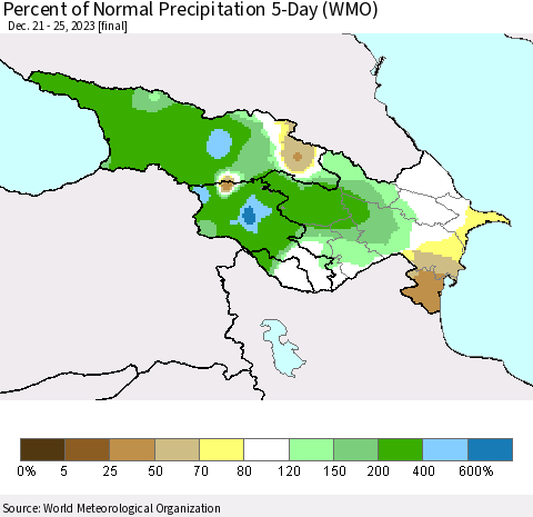 Azerbaijan, Armenia and Georgia Percent of Normal Precipitation 5-Day (WMO) Thematic Map For 12/21/2023 - 12/25/2023