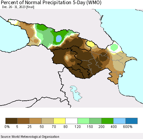 Azerbaijan, Armenia and Georgia Percent of Normal Precipitation 5-Day (WMO) Thematic Map For 12/26/2023 - 12/31/2023
