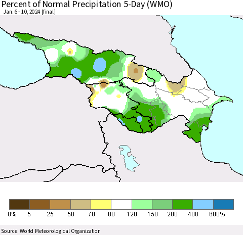 Azerbaijan, Armenia and Georgia Percent of Normal Precipitation 5-Day (WMO) Thematic Map For 1/6/2024 - 1/10/2024