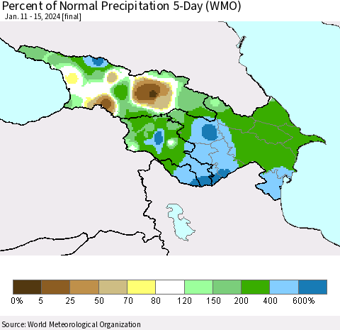 Azerbaijan, Armenia and Georgia Percent of Normal Precipitation 5-Day (WMO) Thematic Map For 1/11/2024 - 1/15/2024