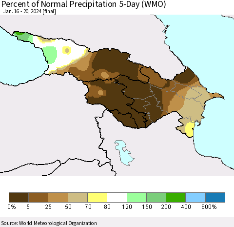 Azerbaijan, Armenia and Georgia Percent of Normal Precipitation 5-Day (WMO) Thematic Map For 1/16/2024 - 1/20/2024
