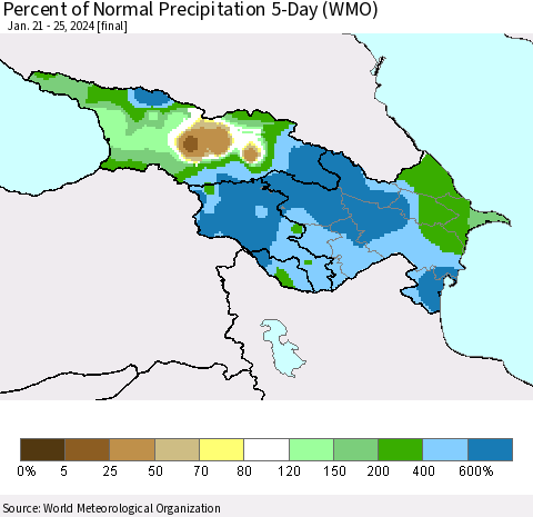 Azerbaijan, Armenia and Georgia Percent of Normal Precipitation 5-Day (WMO) Thematic Map For 1/21/2024 - 1/25/2024