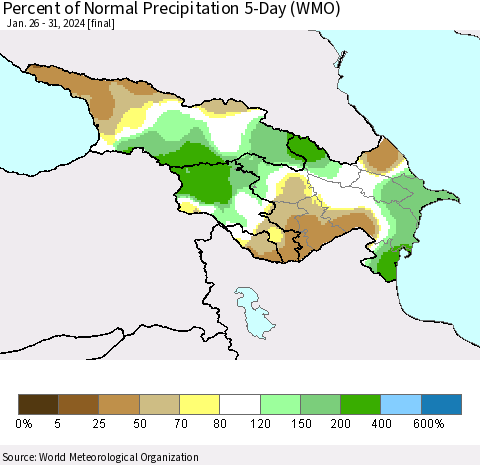 Azerbaijan, Armenia and Georgia Percent of Normal Precipitation 5-Day (WMO) Thematic Map For 1/26/2024 - 1/31/2024