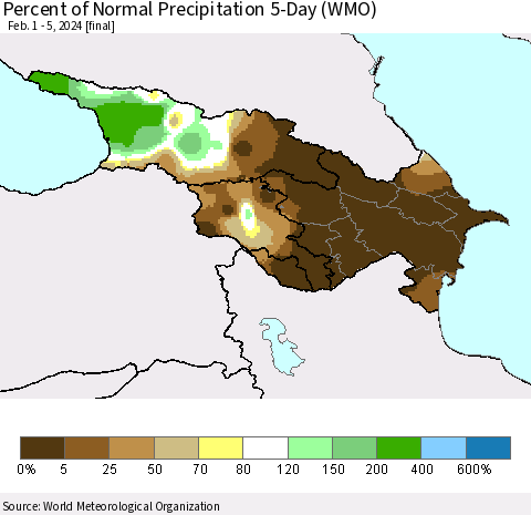 Azerbaijan, Armenia and Georgia Percent of Normal Precipitation 5-Day (WMO) Thematic Map For 2/1/2024 - 2/5/2024