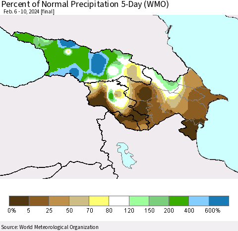 Azerbaijan, Armenia and Georgia Percent of Normal Precipitation 5-Day (WMO) Thematic Map For 2/6/2024 - 2/10/2024