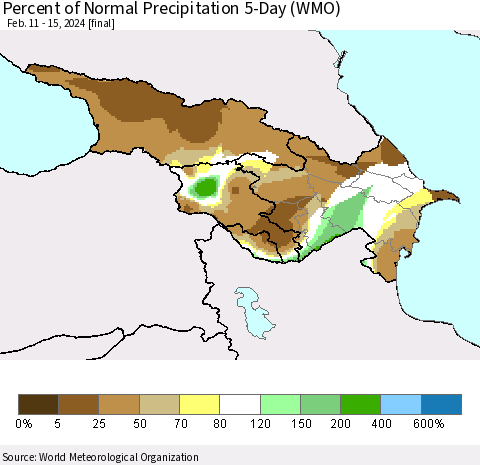 Azerbaijan, Armenia and Georgia Percent of Normal Precipitation 5-Day (WMO) Thematic Map For 2/11/2024 - 2/15/2024