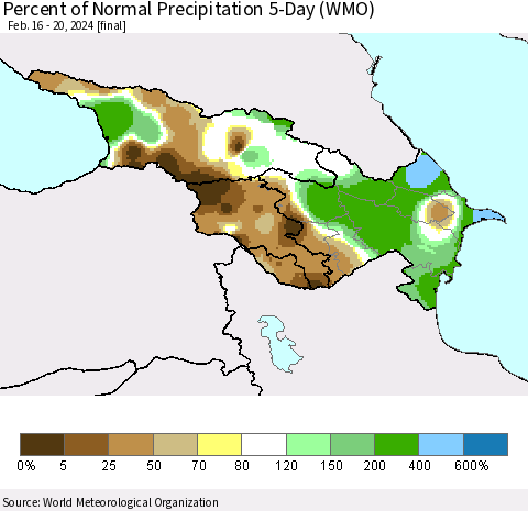 Azerbaijan, Armenia and Georgia Percent of Normal Precipitation 5-Day (WMO) Thematic Map For 2/16/2024 - 2/20/2024