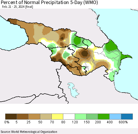 Azerbaijan, Armenia and Georgia Percent of Normal Precipitation 5-Day (WMO) Thematic Map For 2/21/2024 - 2/25/2024