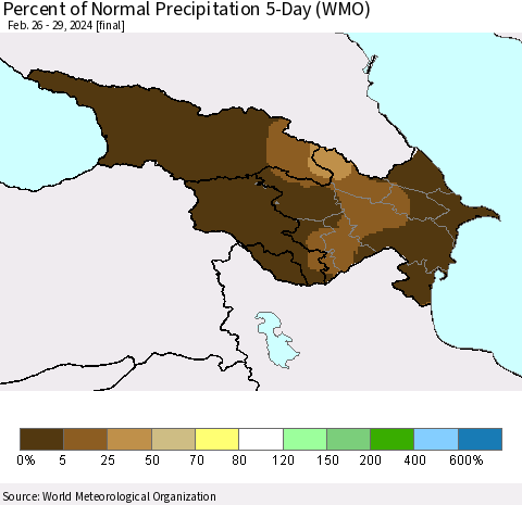 Azerbaijan, Armenia and Georgia Percent of Normal Precipitation 5-Day (WMO) Thematic Map For 2/26/2024 - 2/29/2024