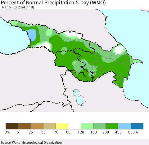 Azerbaijan, Armenia and Georgia Percent of Normal Precipitation 5-Day (WMO) Thematic Map For 3/6/2024 - 3/10/2024