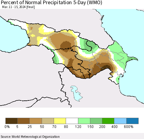 Azerbaijan, Armenia and Georgia Percent of Normal Precipitation 5-Day (WMO) Thematic Map For 3/11/2024 - 3/15/2024