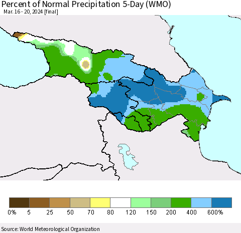 Azerbaijan, Armenia and Georgia Percent of Normal Precipitation 5-Day (WMO) Thematic Map For 3/16/2024 - 3/20/2024