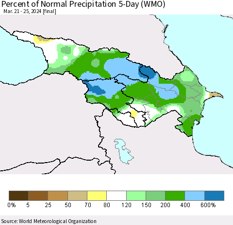 Azerbaijan, Armenia and Georgia Percent of Normal Precipitation 5-Day (WMO) Thematic Map For 3/21/2024 - 3/25/2024