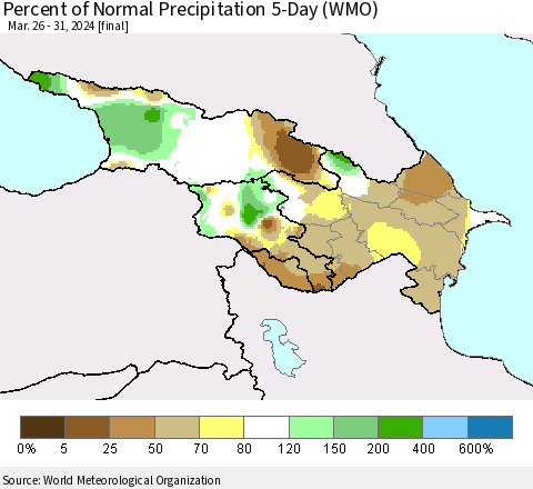 Azerbaijan, Armenia and Georgia Percent of Normal Precipitation 5-Day (WMO) Thematic Map For 3/26/2024 - 3/31/2024