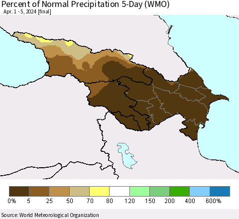 Azerbaijan, Armenia and Georgia Percent of Normal Precipitation 5-Day (WMO) Thematic Map For 4/1/2024 - 4/5/2024