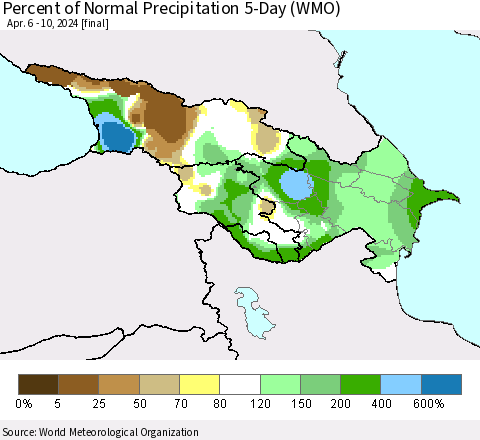Azerbaijan, Armenia and Georgia Percent of Normal Precipitation 5-Day (WMO) Thematic Map For 4/6/2024 - 4/10/2024