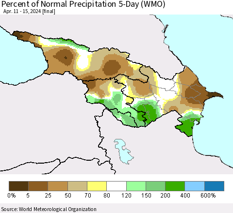Azerbaijan, Armenia and Georgia Percent of Normal Precipitation 5-Day (WMO) Thematic Map For 4/11/2024 - 4/15/2024