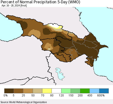Azerbaijan, Armenia and Georgia Percent of Normal Precipitation 5-Day (WMO) Thematic Map For 4/16/2024 - 4/20/2024